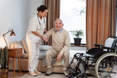 a nurse helping an old person in a wheelchair