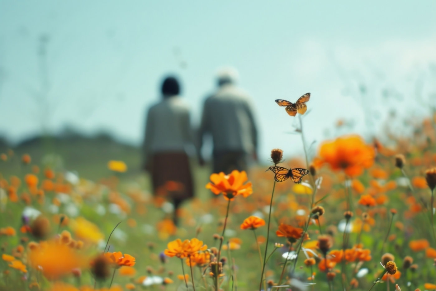 Elderly couple walking field landscape.