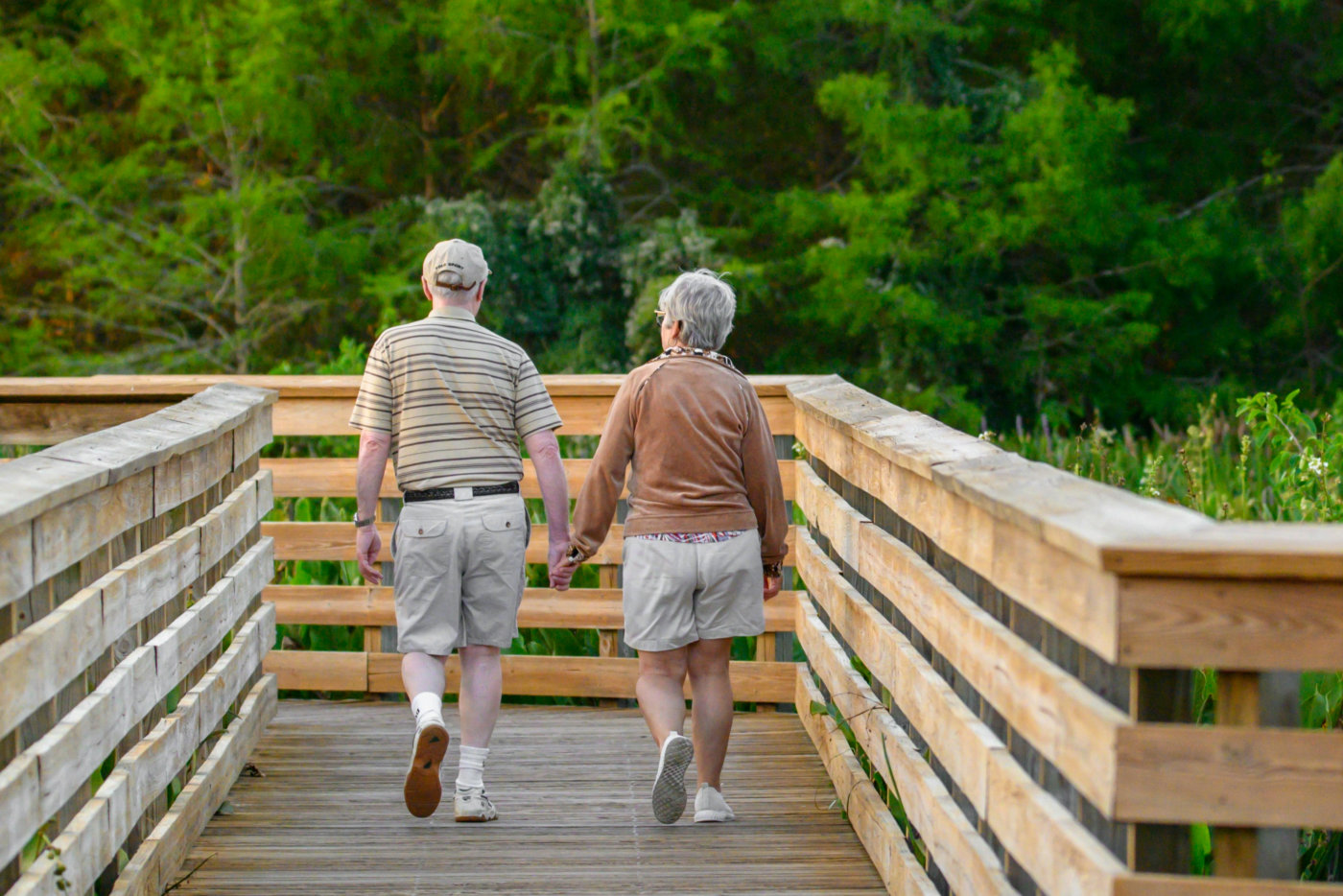 A senior couple strolls on a wooden bridge, embracing the beauty of spring and the benefits of wellness.