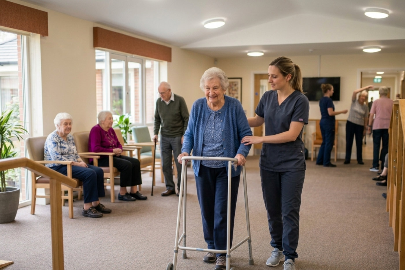 A woman pushes a walker, illustrating the vital role of movement in supporting elderly individuals' health and independence.